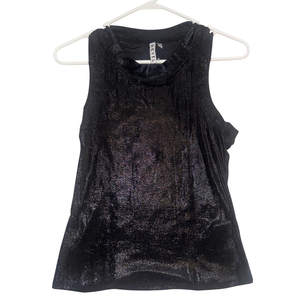 Revel Metallic Mock Neck Tank Top Women Size M Black NWT Shimmer Sleeveless Top